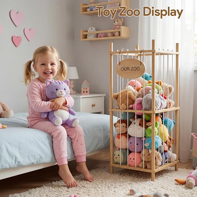 Brelley Stuffed Animal Storage Wood Toy Storage Organizer | Montessori Educational Materials Toy Chest Stuffed animal holder for Kids Nursery Playroom Bedroom