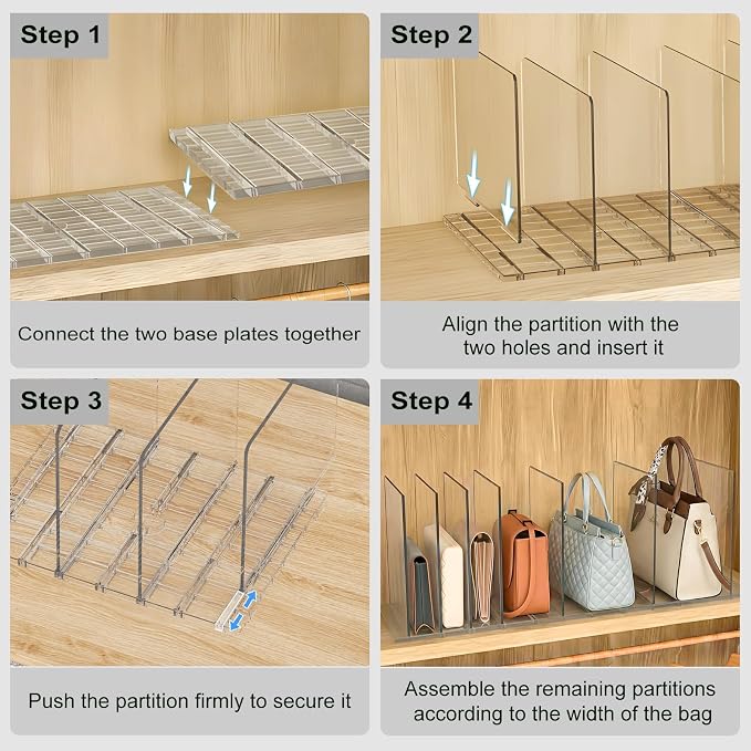 SortNStore Bag & Purse Organizer for Closet: Adjustable Clear Handbag Storage Shelf - Plastic Clutch Dividers for Closet Organizers and Storage - Keep Carteras & Pocketbook Upright