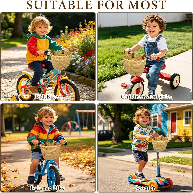 Kids Bike Basket for Girls, Front Bicycle Basket, Easy-Install Adjustable Straps for Balance Bikes Scooters
