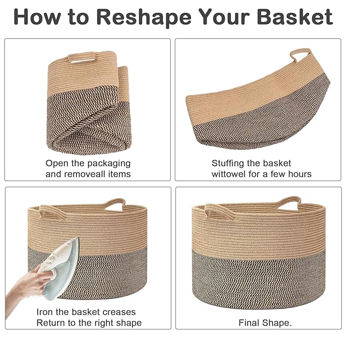 115L Extra Large Woven Cotton Rope Blanket Basket with Handles, Laundry Hamper Storage Bin for Pillows, Comforters,Clothes, Toys, Nursery, Bedroom and Living Room Organization,White&Blue