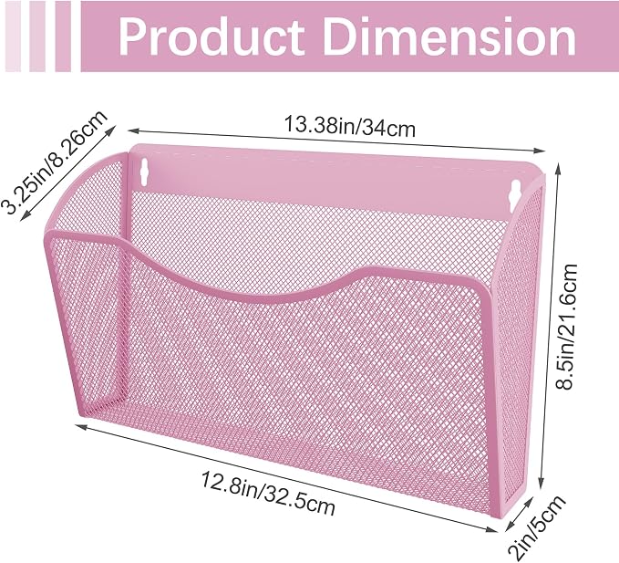 EasyPAG Wall File Organizer, Metal Mesh Hanging File Folder Holder for Letter/A4 Size Folders, Vertical Wall Mount Mail Sorter for Office Paperwork, Classroom, Pink
