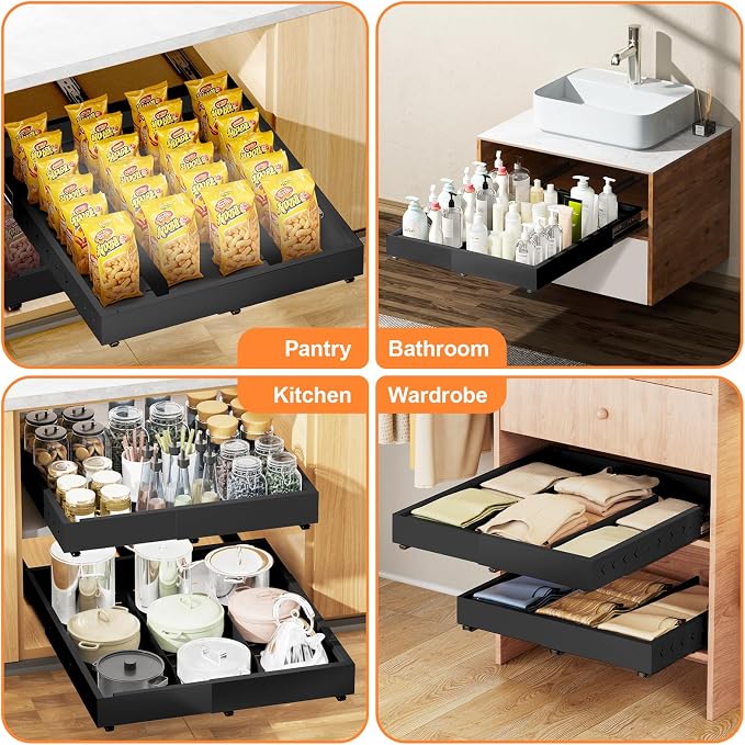 Pull out Cabinet Organizer Expandable W(12"-20") and D(16"-22"), No Drill Adjustable Slide Out Drawers With 3 Slide Rails, 2Pcs Magnetic Panel, Adhesive Roll out Shelves for Kitchen, Cabinets, Pantry