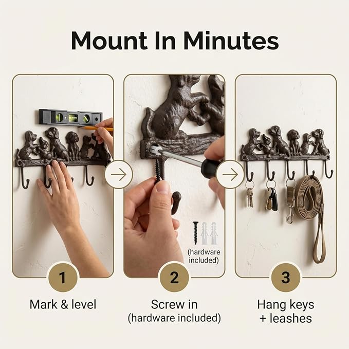 Lulu Decor Cast Iron 5 Dog Key Hooks, Ideal for Dog Lovers Heavy Duty Hooks, Decorative Hooks - Wall Mount Leash Holder for Wall Storage - Stylish Key Holder (Antique Black)