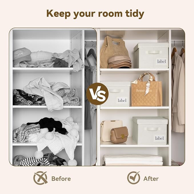 GRANNY SAYS Storage Baskets for Organizing, Linen Closet Shelf Organizers and Storage Containers with Label Holder, Large Storage Bins with Lids for Bedroom, Ivory, 3-Pack