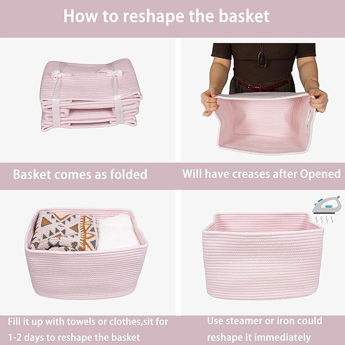 Cotton Rope storage Basket Bins Woven Basket for Organizing Shelves 15X10X9.3" Rectangle Decorative Baskets For storage Clothes Toys Books Towels Nursery basket organizer 3 pack light pink