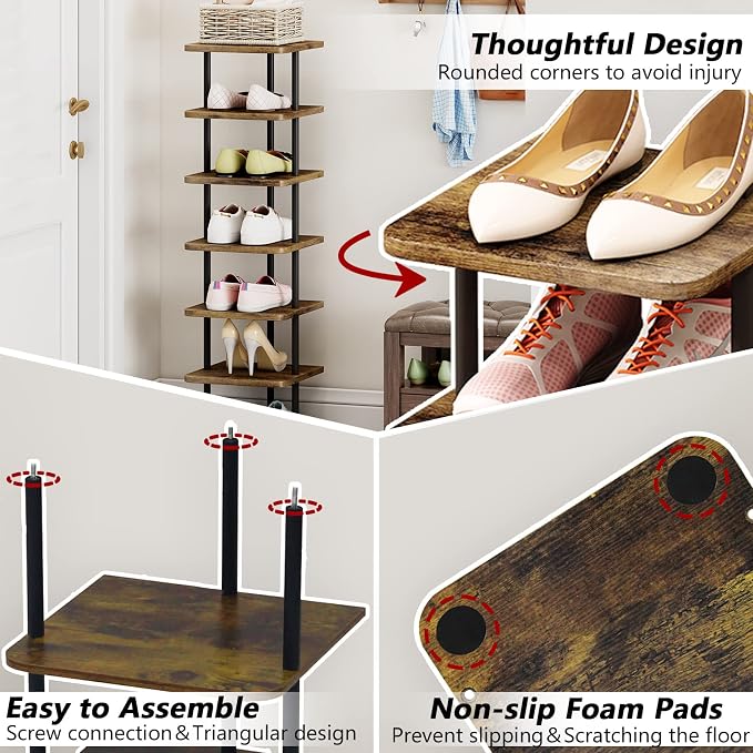 AZERPIAN Shoe Rack 9 Tier Vertical Storage Organizer Narrow Metal Slim Shelf Modern Free Standing Shoe Tower Saving Space for Closet Entryway Bedroom,Black+Rustic Brown