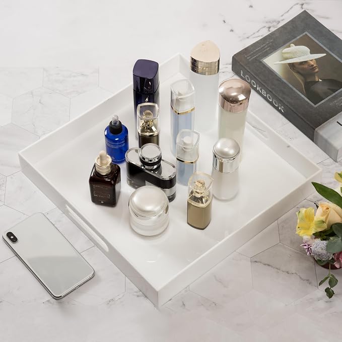 KEVLANG Glossy White Sturdy Acrylic Serving Tray with Handles-14x14Inch-Serving Coffee,Appetizer,Breakfast,Butler-Kitchen Countertop Tray-Makeup Drawer Organizer-Vanity Table-Ottoman Tray