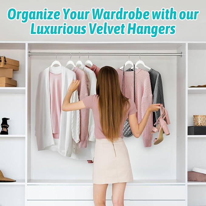 Sishynio Velvet Hangers 100 Pack, Space Saving Non Slip Hangers for Closet Organization, Slim Flocked Clothes Hangers with 360° Hooks for Shirts, Dresses, Pants, Coats and Tops(White)