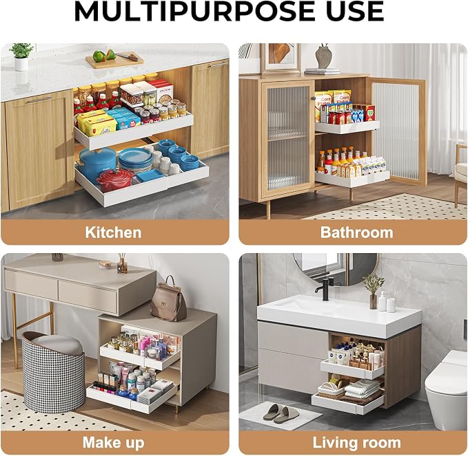 Pull Out Cabinet Organizer, 1PC 21" Deep Expandable (12.2"-20") Heavy Duty Pull Out Drawers for Cabinets Fixed with Adhesive Film, Peel Stick Slide Out Drawers for Kitchen Pantry, No Screw, White