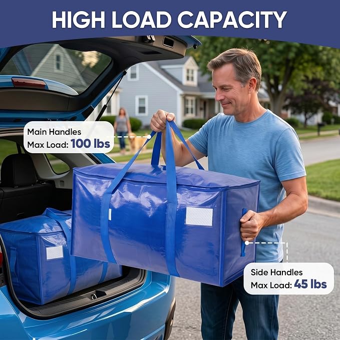 TICONN 6 Pack Extra Large Moving Bags Heavy Duty with Zippers & Carrying Handles, Durable Storage Bags Moving Boxes for Closet Organizers and Storage (6 Pack, Blue)