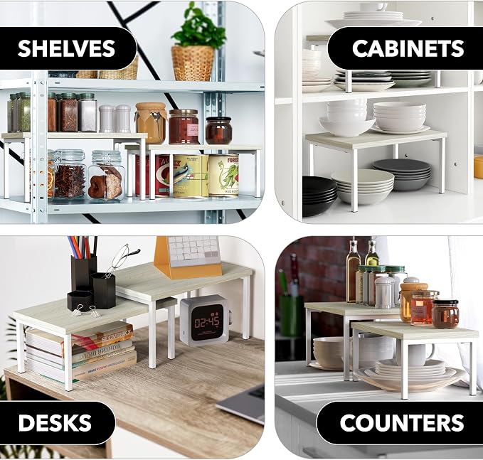 Simple Houseware Stackable Cabinet Counter Shelf Wooden Surface, Maple | Expandable Organizer 7.6" D x 11.75" W x 6.1" H