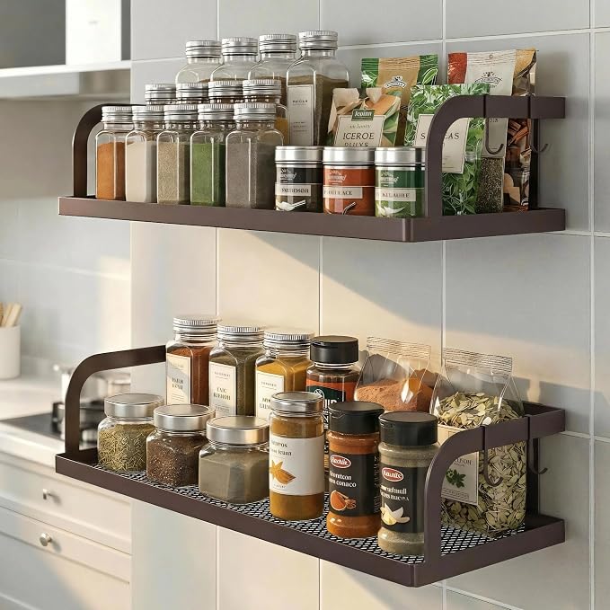 PUSDON 2-Pack 16.5" Extra Long Slim Hollowout Shower Caddy, Wall Mount Spice Rack & Bathroom Organizer, Mesh Bottom Cabinet Door Shelf Holds 50LBS - Vintage Bronze, Hollowout