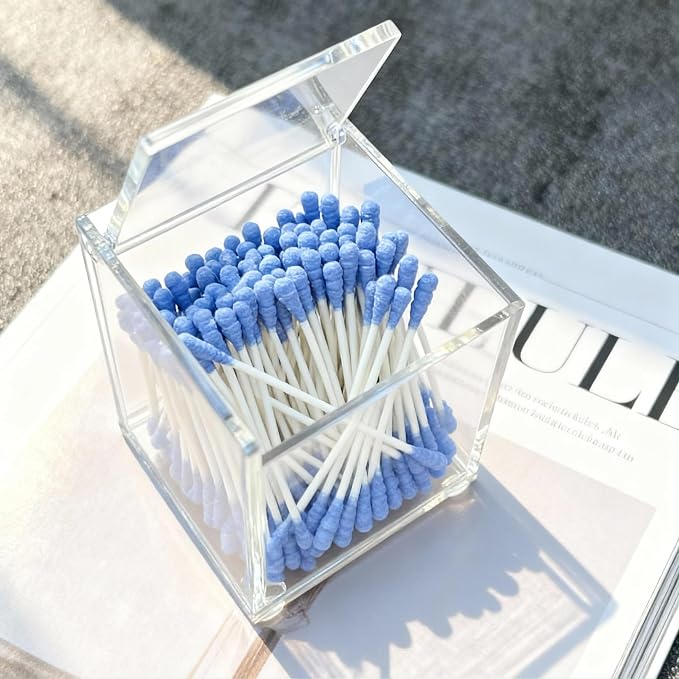 Clear Acrylic Qtip Holder with Lid, Cotton Balls Swab Organizer, 2.95" x 2.56" x 3.94" Dispenser for Makeup Pad, Floss Picks, Bath Salts, Cosmetic Storage Case, Home Bathroom Decor (DP058)
