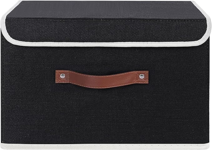 ANMINY 2PCS Storage Bins with Lid PU Leather Handles Storage Boxes PP Plastic Board Decorative Foldable Lidded Cotton Linen Fabric Home Cubes Baskets Closet Organizer Containers - Black, Large Size