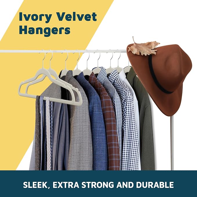 Lifemaster Velvet Non-Slip Hangers-100 Pieces Non-Slip Coat Hanger Set with 360° Swivel Hook,Space-Saving,Sleek Design,Keep Closet Organized,Smooth Velvet Finish,Lightweight Construction-Ivory