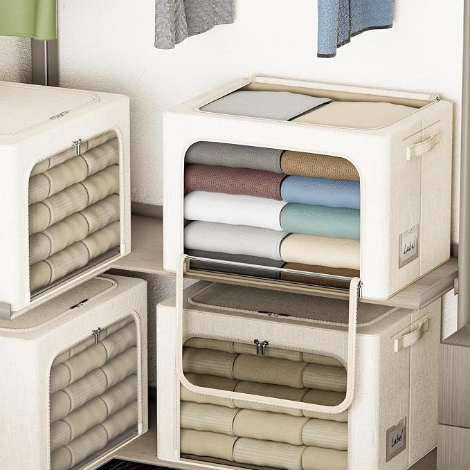 4 Pack Clothes Storage Bins with Metal Frame - 22L Stackable Storage Box with Lid,Foldable Storage Container Organizer for Clothes,Linen Fabric Storage Box with Clear Window&Zippers&Handles