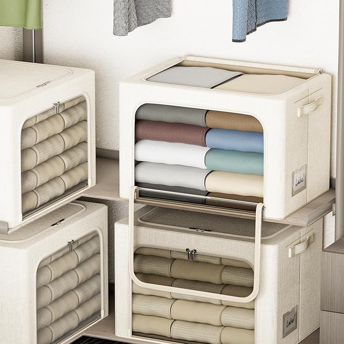 4 Pack Clothes Storage Bins with Metal Frame - 66L Stackable Storage Box with Lid,Foldable Storage Container Organizer for Clothes,Linen Fabric Storage Box with Clear Window&Zippers&Handles
