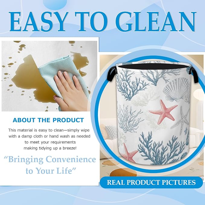 Seashell Starfish Ocean Laundry Basket Collapsible Laundry Hamper with Handle, Oxford Clothes Storage Bin for Bathroom Bedroom Room Decor 16" X 20.8"