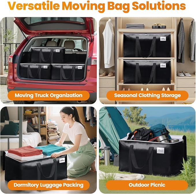 StoreHappily Heavy-Duty & Extra Capacity Moving Bags with Backpack Straps, Storage Totes with Double Zipper & Strong Handles, Packing Bags Alternative to Moving Boxes, Moving Supplies (6 Pack, Black)