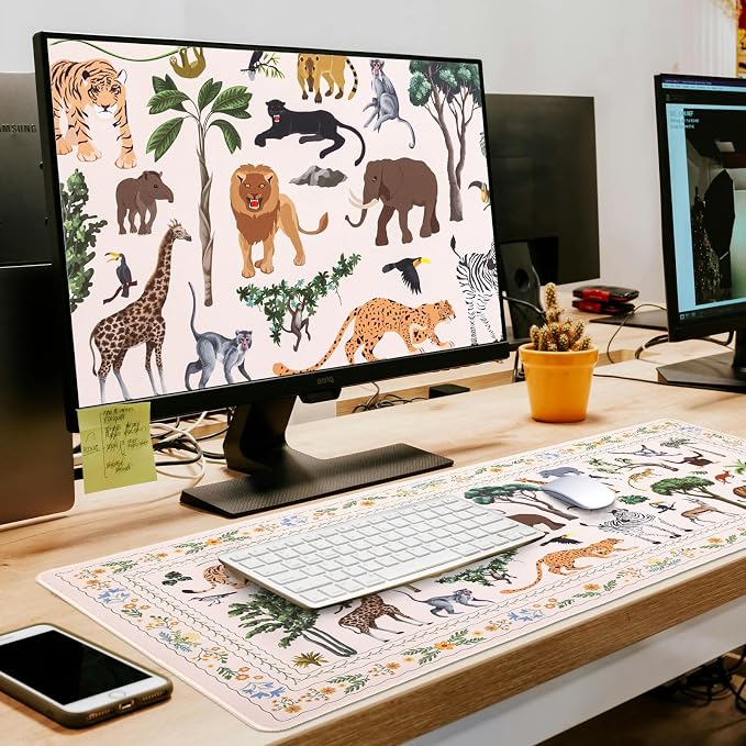 L-SPOUTTO Jungle Animal Desk Mat for Keyboard and Mouse,XXL Large Mouse Pad | Cute Non-Slip Keyboard Pad Waterproof Desktop Mat for Laptop Computer Work Game Home Office-Ivory/Beige