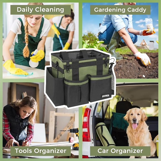 SCAVATA Compact Wearable Cleaning Caddy, Small Cleaning Caddy Supplies Organizer with Handle & Shoulder Straps for Housekeepers, Under Sink & Car Cleaning Tool Organizers Bag (Armygreen)