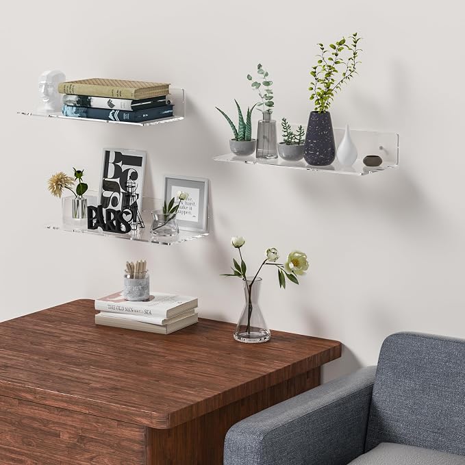 15 Inches Clear Acrylic Shelves, Wall Mounted Shelves for Bedroom, Wall Display Shelves for Collectibles, Funko Pop, Speaker, Plants, Space Saver, Wide Application, 4 Pack