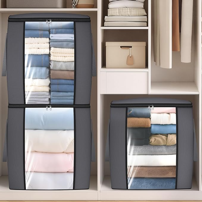 TasticTotes 120L Extra Large Clothes Storage Bags, Foldable Blanket Storage and Organization, Thick Fabric Containers with Reinforced Handles & Zippers for Clothing, Comforters, Bedding, Gray, 1 Pack