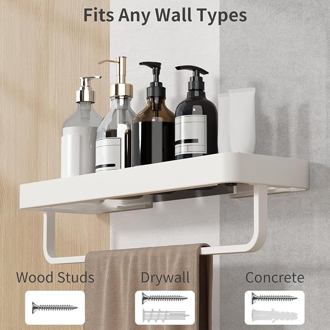 Danpoo 16 Inch Long Floating Bathroom Shelf with Towel Bar, Clear Tempered Glass Wall Shelf with Hand Towel Holder for Bathroom Storage Organizer, Matte White