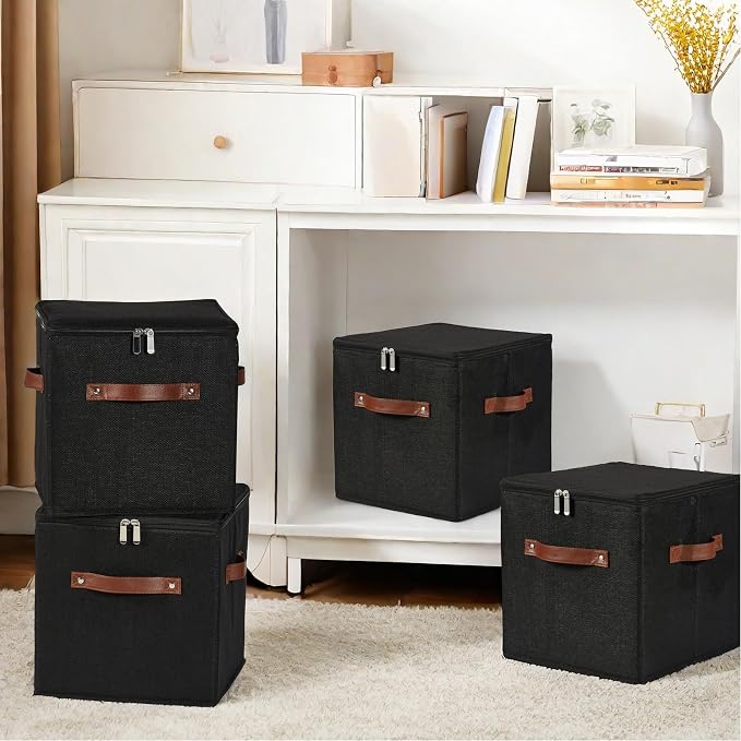 2PCS Storage Cubes with Lid Fabric Storage Bins Boxes PU Leather Handles Cotton Linen Closet Organizer Container Decorative Foldable Washable Shelf Cloth Basket (Zipper Lid, Black, 11in)