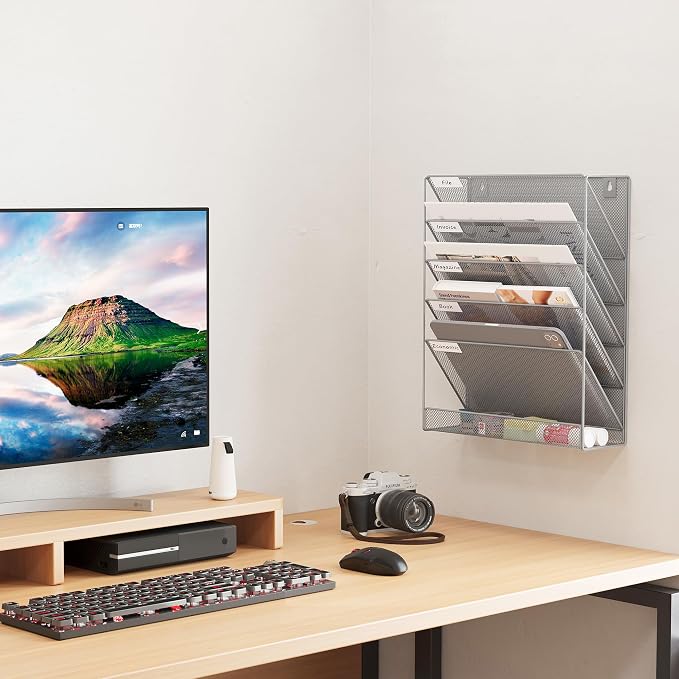 EasyPAG 5 Tier Wall File Holder, Mesh Hanging Folder Organizer with Classify Label, Versatile Desk File Holder, Vertical Wall Mounted Mail Organizer for Office Home Cubicle, Silver