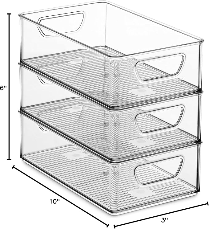 Set Of 6 Refrigerator Organizer Bins - Stackable Fridge Organizers with Cutout Handles for Freezer, Kitchen, Countertops, Cabinets - Clear Plastic Pantry Food Storage Rack