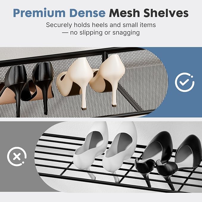 DUMOS Shoe Rack for Entryway, 5-Tier Shoe Organizer with Adjustable Mesh Shelves and Wooden Top, Freestanding Storage Rack Holds 16-20 Pairs for Closet, Bedroom, Rustic Brown | Adjustable shelves lay flat or angled, metal frame with leveling feet, fits...