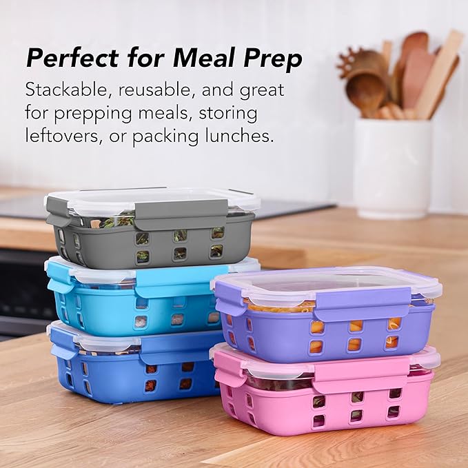 ECOBERI Glass Meal Prep Containers with Silicone Sleeves, 3 Piece 4.5 Cup Set, Borosilicate Glass Food Storage with Leak-Resistant Lids, Oven, Microwave, Freezer and Dishwasher Safe