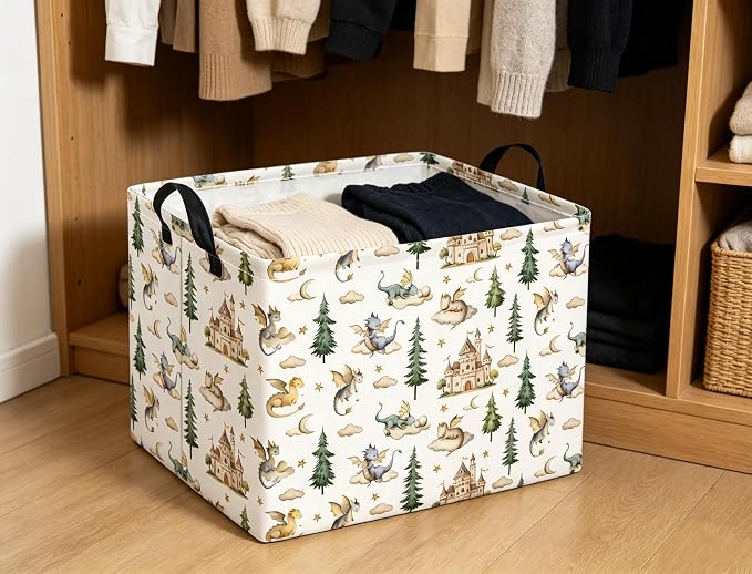 Rectangular Baby Kids Storage Basket for Home Kitchen Girls Cute Toy Storage Bin Organizer Shelf Book Room Decor(Castle Dinosaur)