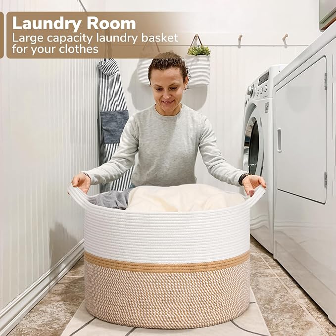 CHICVITA XXL Extra Large Blanket Basket, Cotton Rope Storage Basket for Organizing, Home Decor Woven Basket for Laundry Baby Nursery Decorative Toy Bin, White and Brown, 22" x 22" x 14"