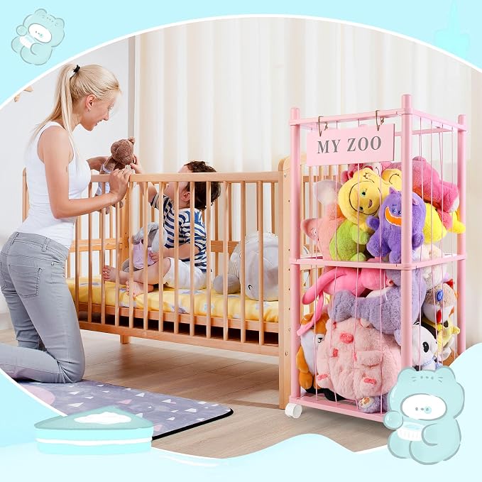 GLDZI Stuffed Animal Storage Zoo with Wheels, Wooden Stuffed Animal Organizer with Elastic Cords, Space Saving Toy Plushies Storage Holder for Playroom, Bedroom, Living Room(Pink, Small)