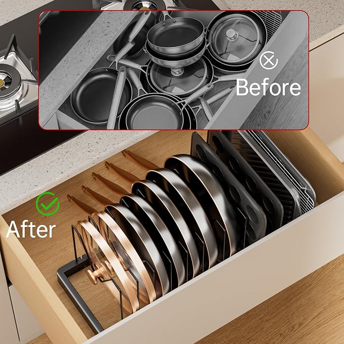 ORDORA Expandable Pot Lid Organizer, Solid Metal Under‑Cabinet Pots and Pan Storage Rack 14.1''‑24.8'', Fits Bakeware & Cookie Sheets with 10 Adjustable Dividers