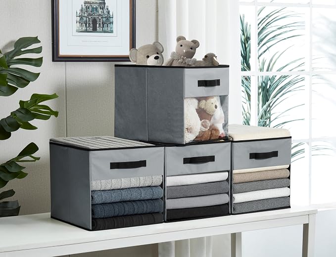 DECOMOMO Storage Bins, Cube Storage Bin with Window | 13x15x13", 6 Pack, Fabric Storage Cubes for Shelves (Grey)