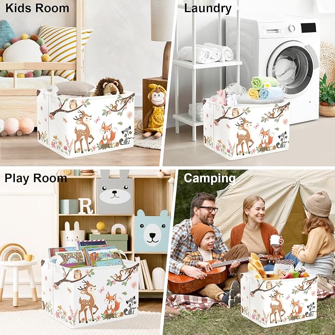 Clastyle Forest Animal Baby Storage Basket Leaf Kid Laundry Hamper Boy Girl Gift Toy Box Collapsible Clothes Organizer Nursery Bin for Bedroom, Pink Deer, 40x30x30 cm