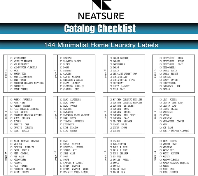 Neatsure 144 Minimalist Laundry Labels for Organizing, Preprinted Stickers Booklet for Jars, Containers and Storage Bins, Cleaning Labels for Laundry Room Organization…