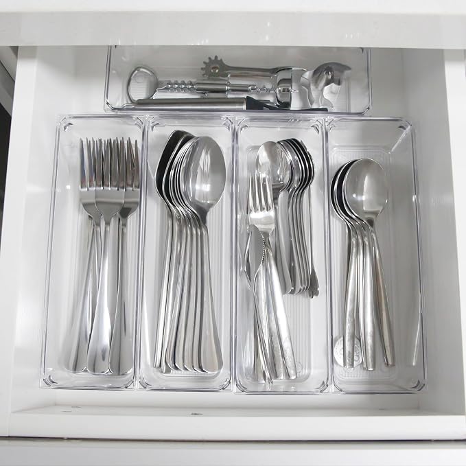 LotFancy 8 Pack Clear Plastic Drawer Organizers, 9.2''×3''×2'', Food Grade Storage Trays, Non-Slip Storage Bins for Kitchen Utensil, Silverware Cutlery, Bathroom, Office Desk, Makeup, Jewelry