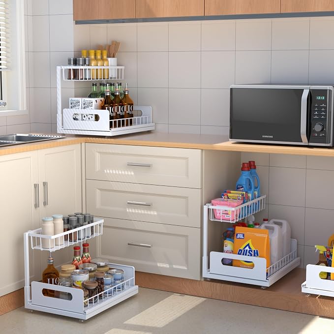 Under Sink Organizer 2 Tier, Pull Out Drawer Slides Under Sink Storage for Bathroom Kitchen,Multi-Purpose Drawer Under Cabinet Organizer for Cleaning Supplies (White, 1 Pack)