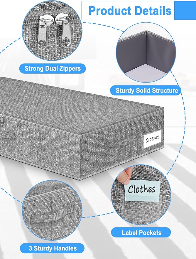 6.7-Inch Tall Under Bed Storage Container, Underbed Storage Bin w/Rigid Sides & Bottom, Large Under-Bed Clothes Organizer with Zippered Lid for Bedroom, Dorm, Sofa, 30x15x6.7 Inches, Gray