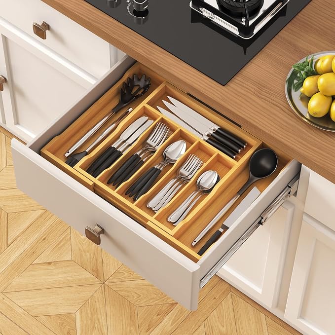 Lifewit Silverware Drawer Organizer, Expandable Utensil Tray for Kitchen, Flatware and Cutlery Holder, Wood Adjustable Storage for Spoons Forks Knives, 13-22x15/ 33-56x38cm, Natural