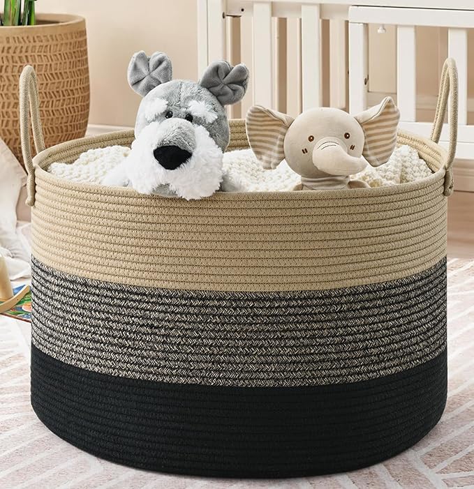 67L Large Woven Blanket Basket, Cotton Rope Baby Laundry Hamper with Handles, Kids Toy Basket for Classroom & Nursery, Soft Round Stuffed Animal Storage, Dog Toy Bin - 20"x13", Black & Brown