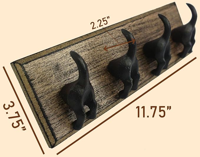 Lulu Decor, Cast Iron Dog Tail Hooks 4 Hooks on a Wood