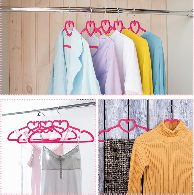 Qunclay 50 Pcs Hot Pink Velvet Heart Hangers, Non-Slip Felt Clothes, Heavy Duty Sturdy Heart Clothes Coat Hanger, Cute Kawaii Room Decor for Adult Women, Space Saving No Hanger Mark, 360° Swivel Hook