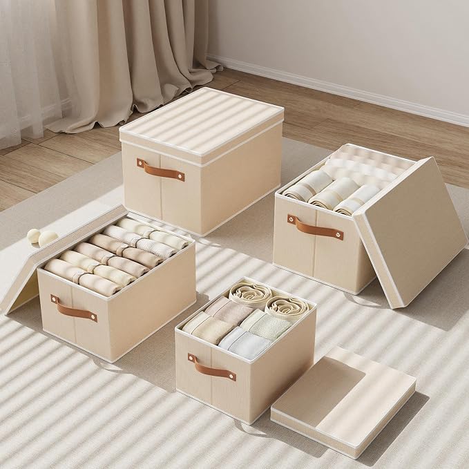 Fabric Storage Boxes with Lids, 10.2×7.8×6.7 Inch Clothes Bins for Shelves, Closet Organizers for Organizing with Handles, Beige, 3-Pack