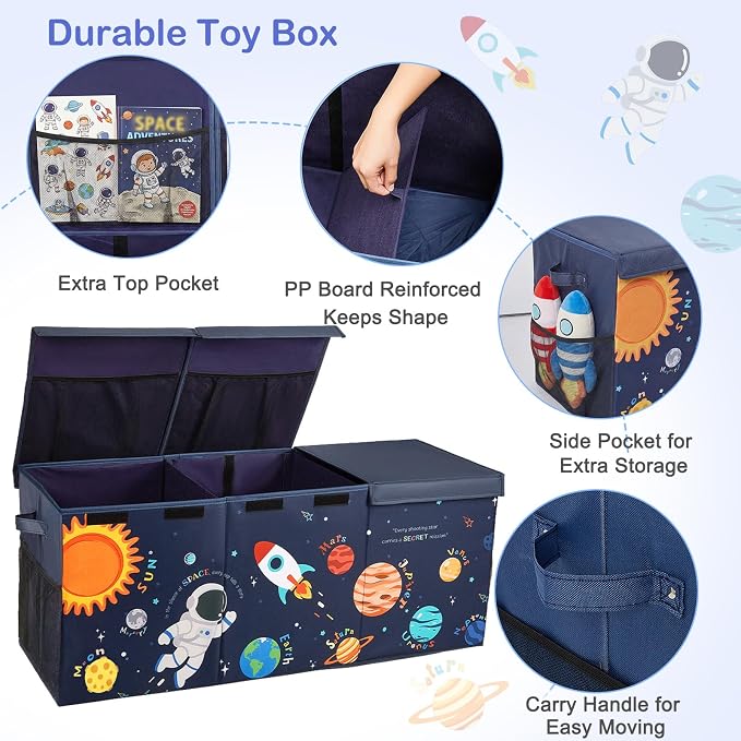 Unicorn Castle Toy Box with Adjustable Divider Toy Chest Storage Large Toy Storage Organizer Bin Collapsible with Lid Pockets for Nursery Playroom,Blue Astronaut