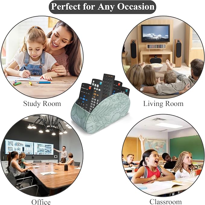 Remote Control Holder, PU Leather Remote Caddy Desktop Organizer with 5 Spacious Compartments for TV Remotes/Media Controllers/Office Supplies (1-Carved Green